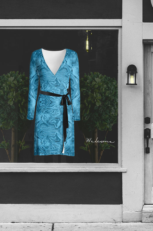 Blue Denim Wrap Dress with Black Tie